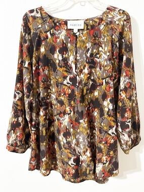 SABINE Women’s Abstract Floral Print Blouse Top Size S 3/4 Sleeve Keyhole Neck